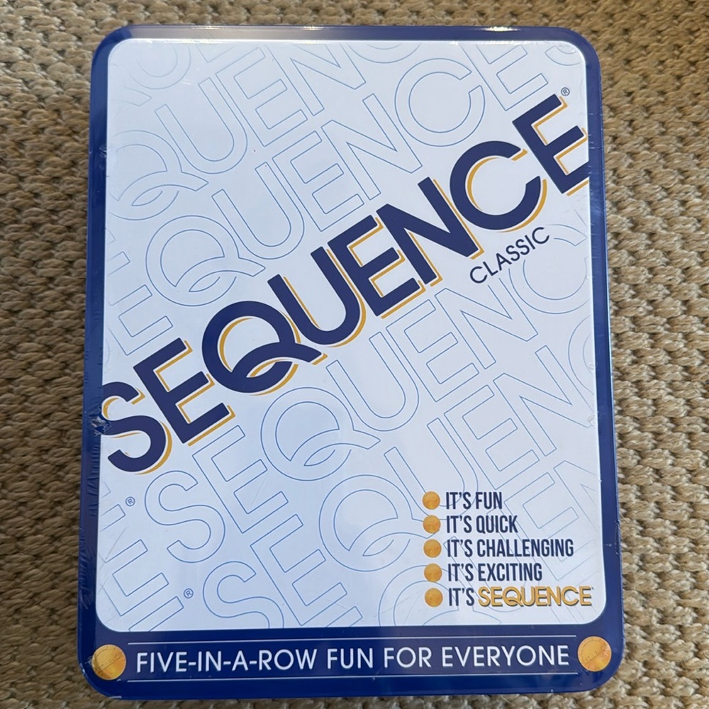 Sequence in a Tin.Five-in-a-Row Fun for Everyone by Jax, White, 2-12 Players.New